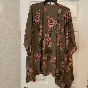 Olive green & coral floral kimono